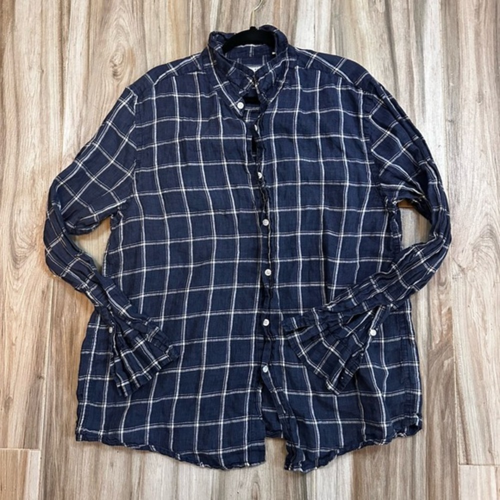Match Point USA XL Blue Linen‎ Button Up Long Sleeve Tunic Shirt Coastal Classic